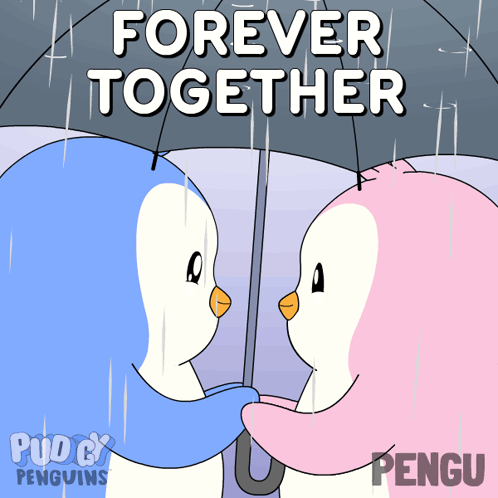 Two Penguins Under Umbrella Forever Together