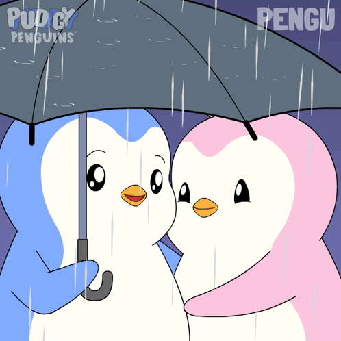Two Penguins Under Umbrella Saying Puddy Penguins GIF