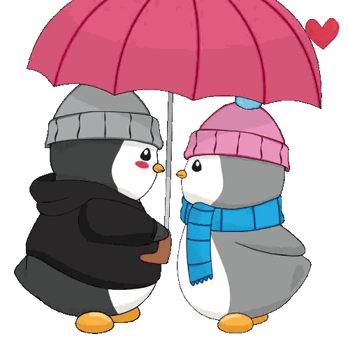 Two Penguins Under Umbrella With Heart
