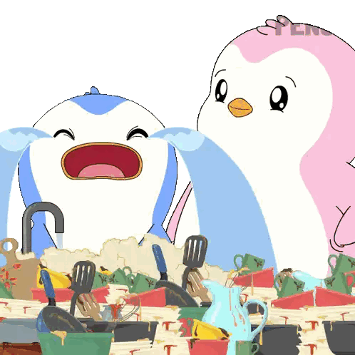 Two Penguins Washing Dishes Saying Penguin