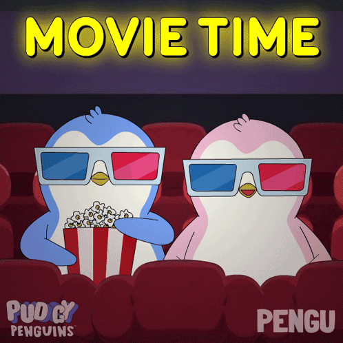 two penguins wearing 3d glasses are sitting in a movie theater eating popcorn