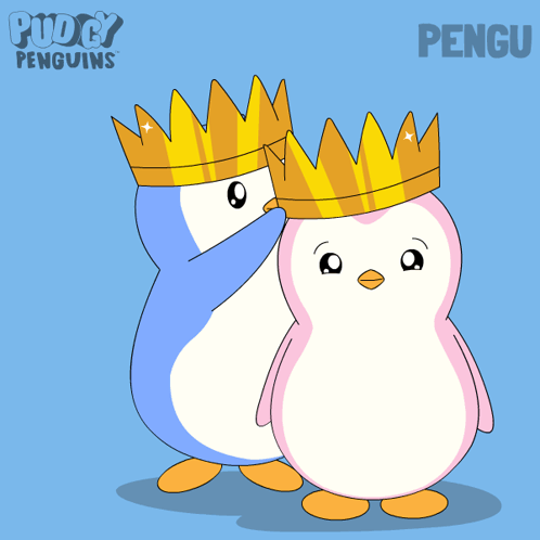 Two Penguins Wearing Crowns Next To Pudgy Penguins Poster GIF
