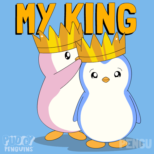 Two Penguins Wearing Crowns With The Words " My King " Written Above Them GIF