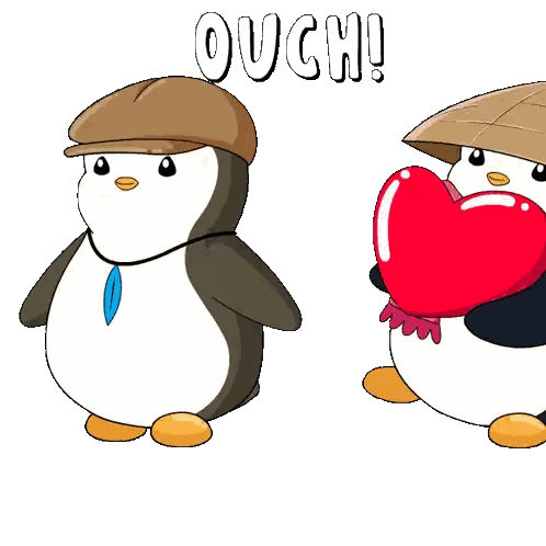 two penguins wearing hats and scarves are standing next to each other under the words ouch