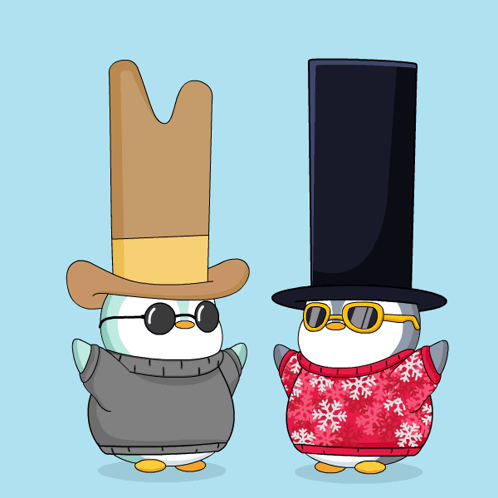 Two Penguins Wearing Top Hats And Sweaters GIF