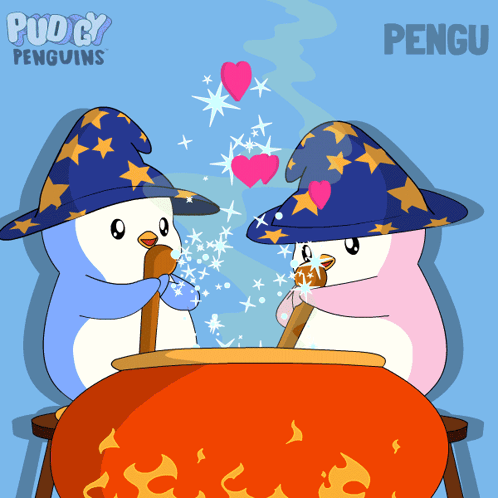 Two Penguins Wearing Wizard Hats Are Cooking In A Cauldron With The Name Pengu On The Bottom Right GIF