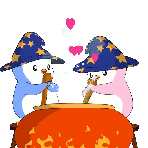 two penguins wearing wizard hats are stirring a cauldron with hearts coming out of it