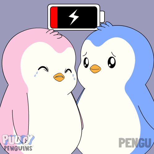 Two Penguins With Battery on Head Saying Pudgy Penguins