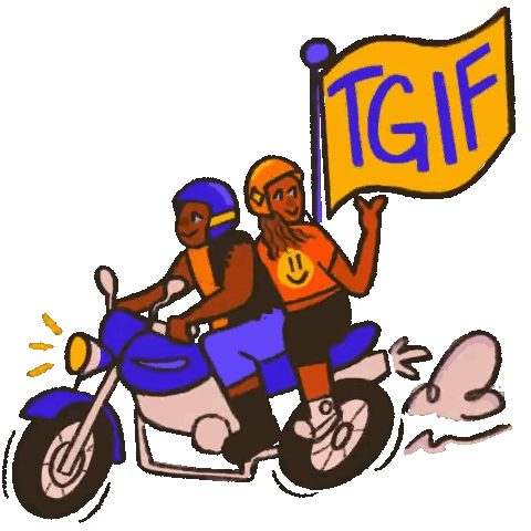 two people are riding a motorcycle and holding a flag that says tgif .