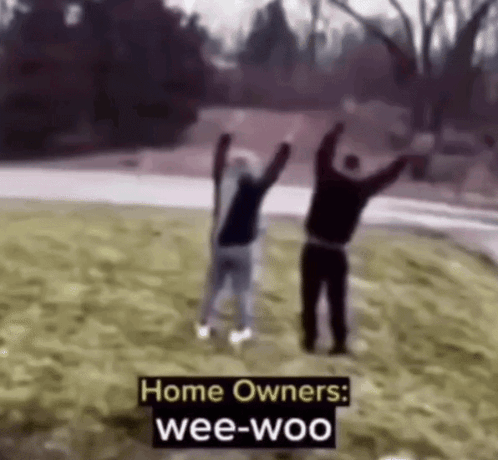 Two People Are Standing In The Grass With Their Arms In The Air And The Words Home Owners : Wee-Woo On The Bottom . GIF