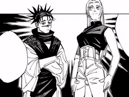 Two People Are Standing Next To Each Other In A Black And White Drawing . GIF