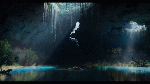 Two People Are Swimming In A Cave With A Light Shining Through The Trees GIF