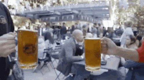 Two People Are Toasting With Beer Mugs At A Restaurant . GIF