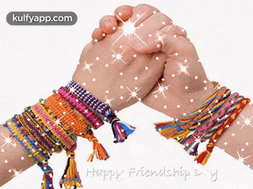 Two People Holding Hands With Bracelets On Their Wrists And The Words Happy Friendship Day On The Bottom GIF