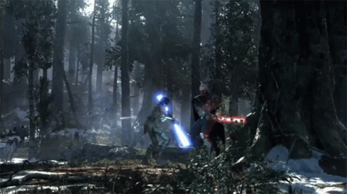 Two People Holding Lightsabers in Forest