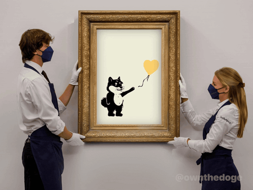Two People Holding Up A Framed Picture Of A Dog Holding A Yellow Balloon GIF