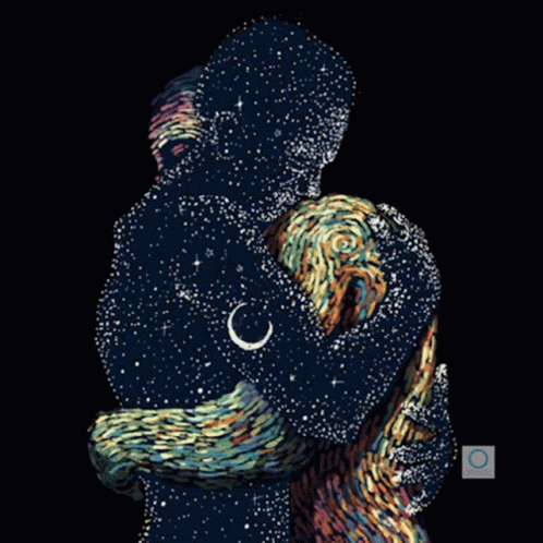 Two People Hugging Under Crescent Moon