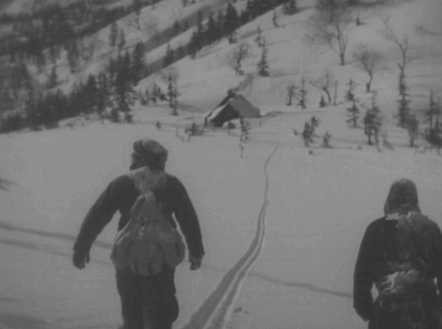 Two People Skiing Down Snow Hill GIF