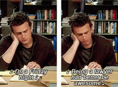 Two Pictures Of A Man Sitting At A Desk With One Saying On A Friday Night GIF