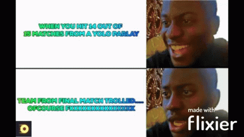 two pictures of a man with the words when you hit 14 out of 15 matches from a yolo parlay team from final match trolled