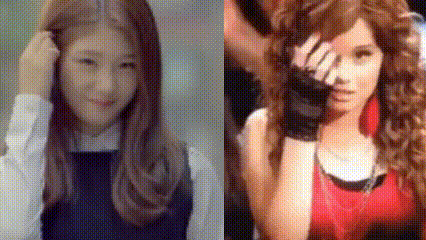 Two Pictures Of A Woman With Long Hair And A Woman With Curly Hair GIF