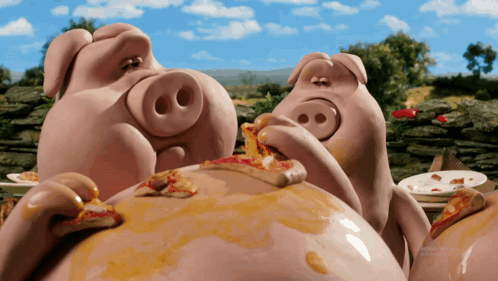 Two Pigs Are Eating Pizza Together In A Cartoon Illustration GIF