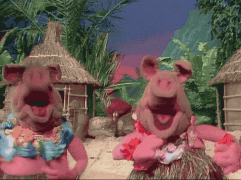 Two Pigs In Hawaiian Outfits Are Dancing On The Beach GIF