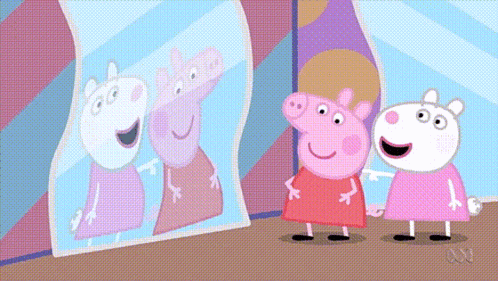 Two Pigs Looking At Their Reflection In A Mirror With The Letters Abc On The Bottom Right GIF