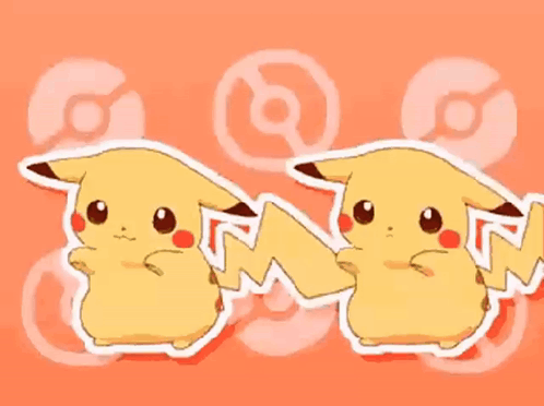Two Pikachu Are Standing Next To Each Other On A Red Background GIF