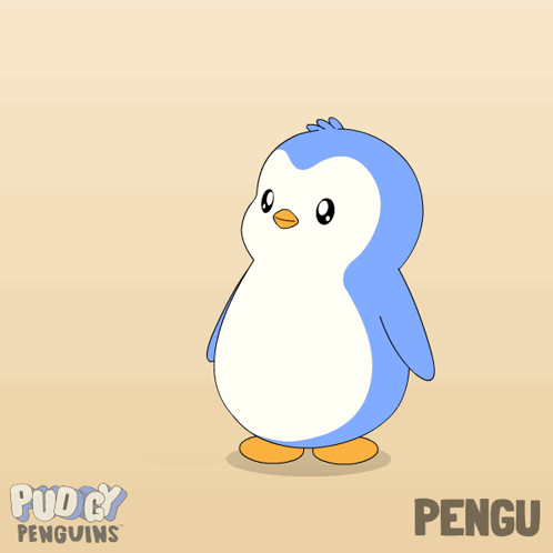 Two Pink And Blue Penguins Are Standing Next To Each Other On A Poster That Says " Pudgy Penguins " GIF