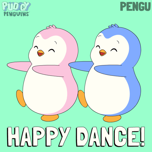 Two Pink And Blue Penguins Dancing Happy Dance GIF