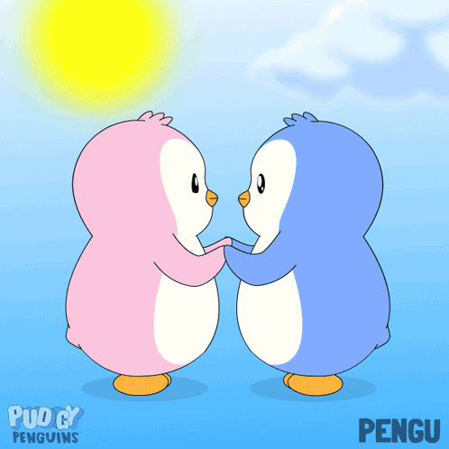 Two Pink and Blue Penguins Hugging Day Pengu