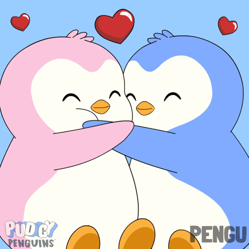 Two Pink and Blue Penguins Peeking Behind Pudding Penguins Logo
