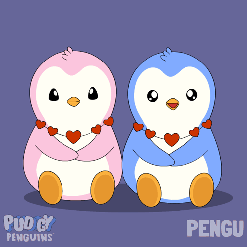 Two Pink And Blue Penguins With Heart Necklaces GIF