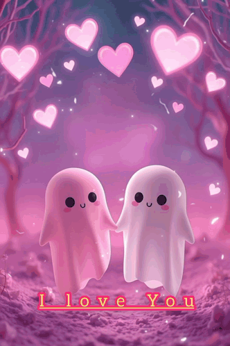 Two Pink Ghosts Holding Hands With The Words " I Love You " Written Below Them GIF