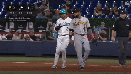 Two Pittsburgh Baseball Players Walk On The Field During A Game GIF