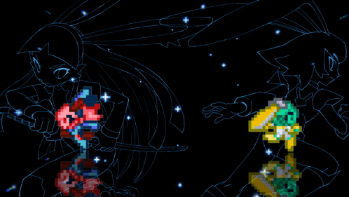 Two Pixel Art Girls Holding Swords GIF
