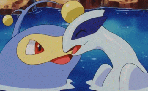 Two Pokemon Are Kissing In The Water And One Of Them Has A Yellow Ball On Its Head . GIF
