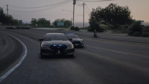 Two Police Cars Are Driving Down A Road With A Sign In The Background That Says Kings County GIF