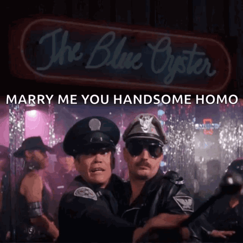 Two Police Officers Are Dancing In Front Of A Sign That Says The Blue Oyster GIF