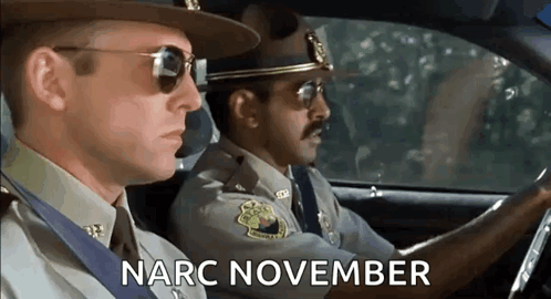 Two Police Officers Are Driving A Car And They Are Wearing Sunglasses And Hats . GIF