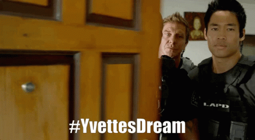 Two Police Officers Are Standing In Front Of A Door With #Yvettesdream Written On It GIF