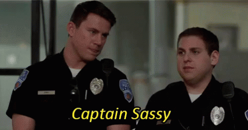 Two Police Officers Are Standing Next To Each Other And One Of Them Says Captain Sassy . GIF