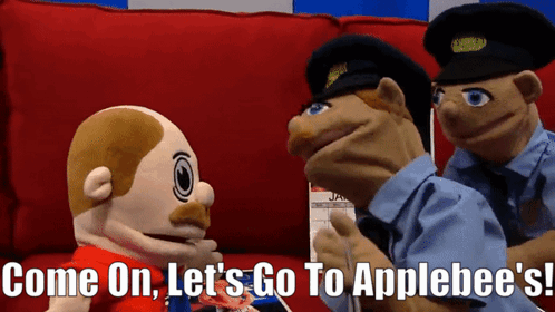 Two Police Officers Are Talking To A Puppet With The Words Come On Let 'S Go To Applebee 'S GIF