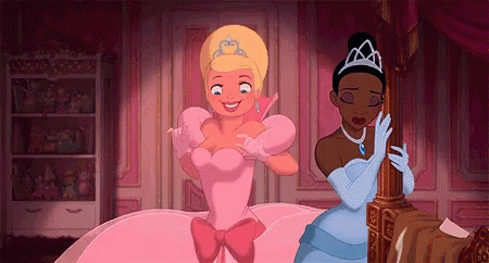 Two Princesses Standing, One With Tiara GIF