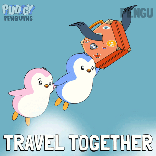 Two Pudgy Penguins Flying Carrying Suitcase