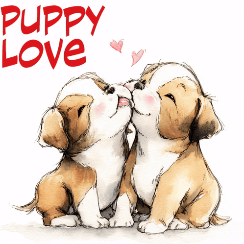 Two Puppies Are Kissing With The Words Puppy Love Behind Them GIF