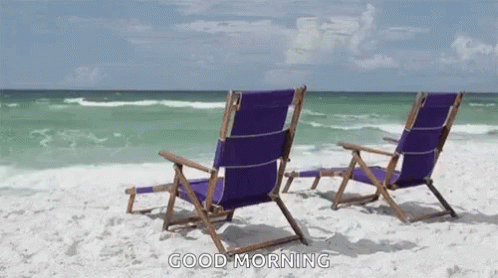 Two Purple Beach Chairs On A Beach With The Words `` Good Morning '' Written On It . GIF