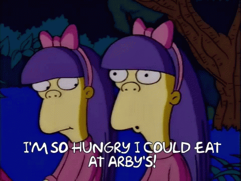 Two Purple-Haired Girls Saying I'm So Hungry I Could Eat at Arby's