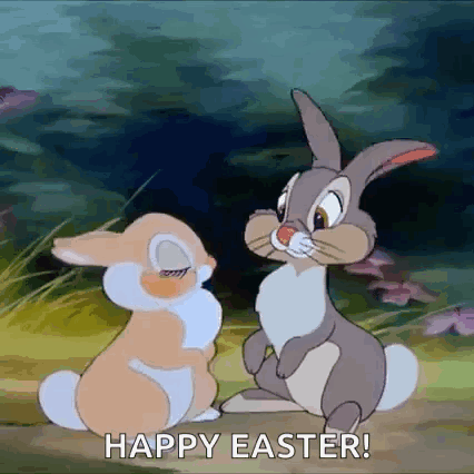 two rabbits are sitting next to each other in a field and the words `` happy easter '' are on the bottom .
